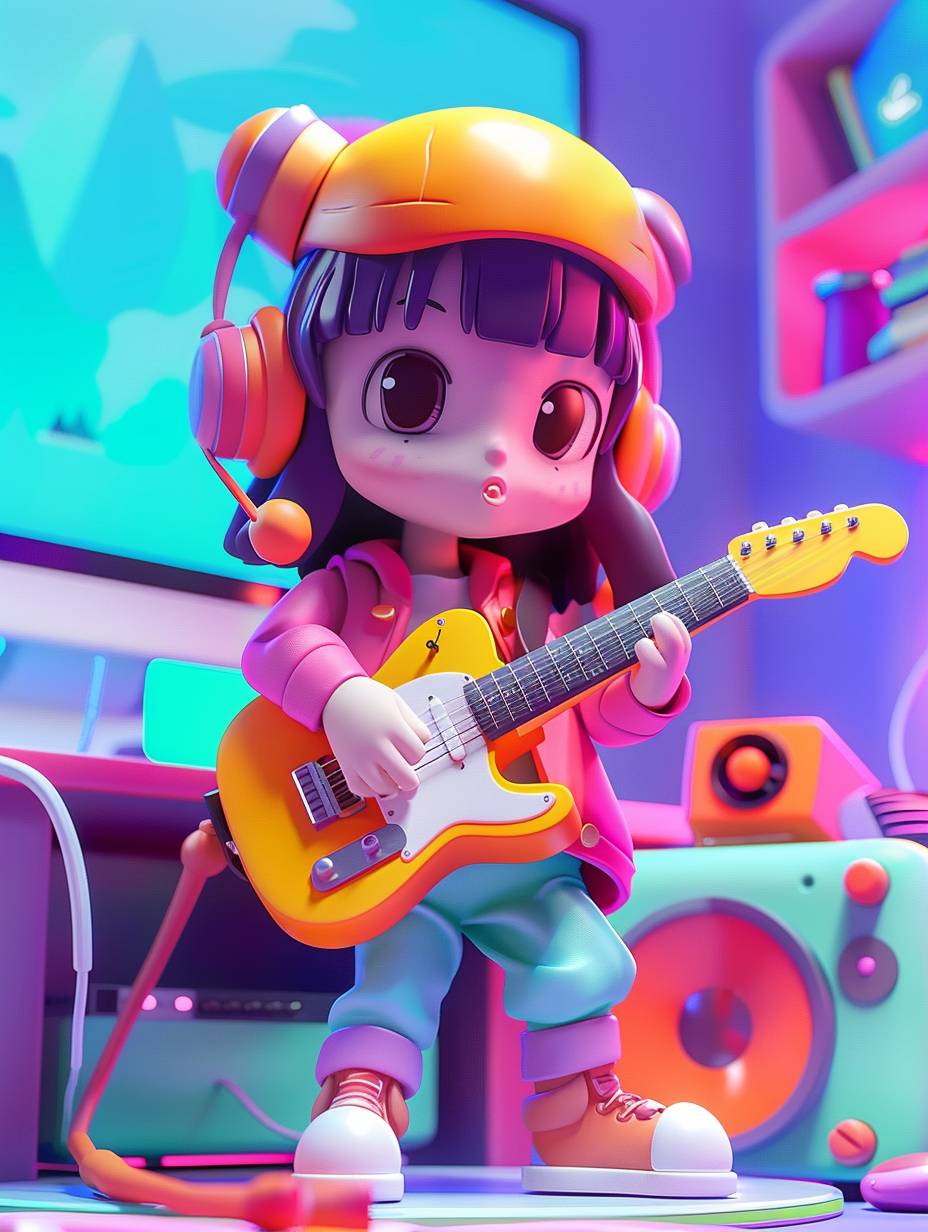 In C4D 3D rendering, a cute girl is playing guitar in front of the TV in the style of cartoon Q version. The whole body is in the picture, the lens is at an upward Angle, the colorful background with a simple design and a bright light blue and purple gradient color scheme. Lovely style, bright colors and soft gradients. High detail 3D rendering in a simple style, the best quality and super clear detail. High resolution OC renders in high definition at 8K, --ar 3:4 --sref <https://s.mj.run/sCgv1lOpTJM> --sw 900 --stylize 750  --v 6.0