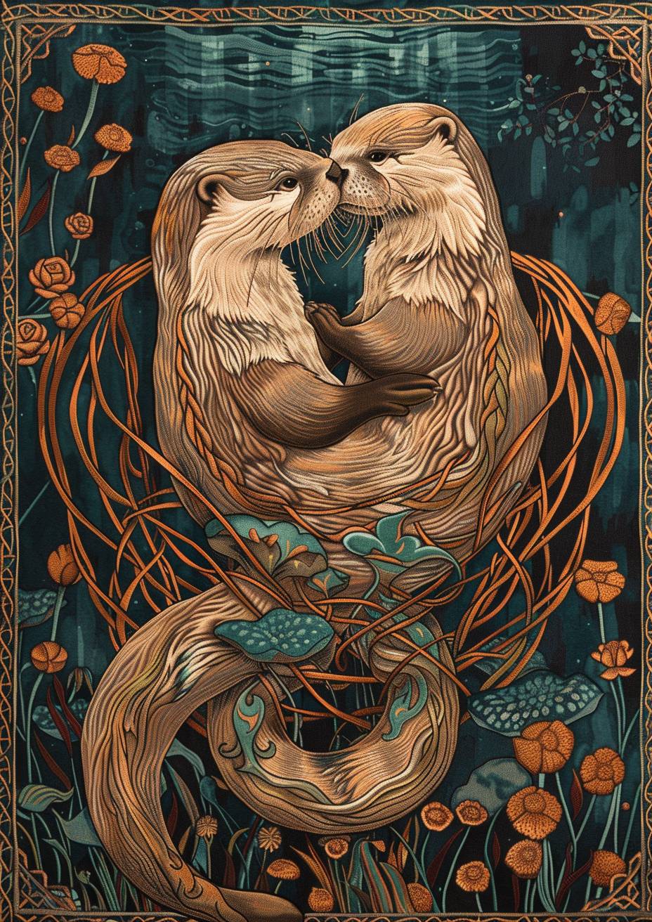 A tapestry featuring two otters intertwined, in the style of Celtic silver knotwork, with a dark background and teal and copper colors, creating a strong visual flow.