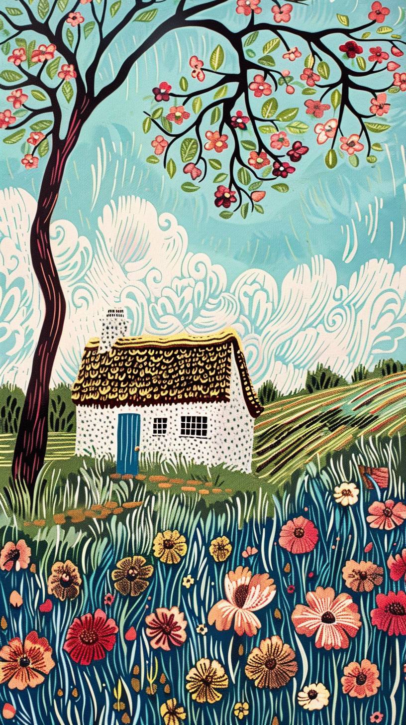 A peaceful countryside scene, a small cottage with a thatched roof, fields of blooming flowers guided by Rob Ryan