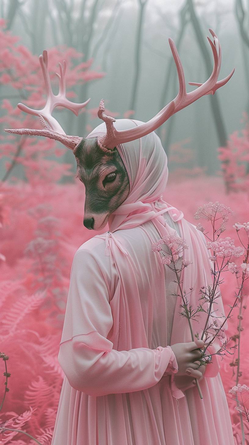 In a conceptual artwork set in a pink forest, a woman with a deer head holds flowers in a plant and looks towards the camera. It is strange and complex, yet infused with a terrifying romance and soft colors. The composition is centered, shot in long distance with edge light, 8K resolution, photorealistic, in the morning mist, surrealism --chaos 1 --ar 9:16 --style raw --stylize 750 --v 6.0