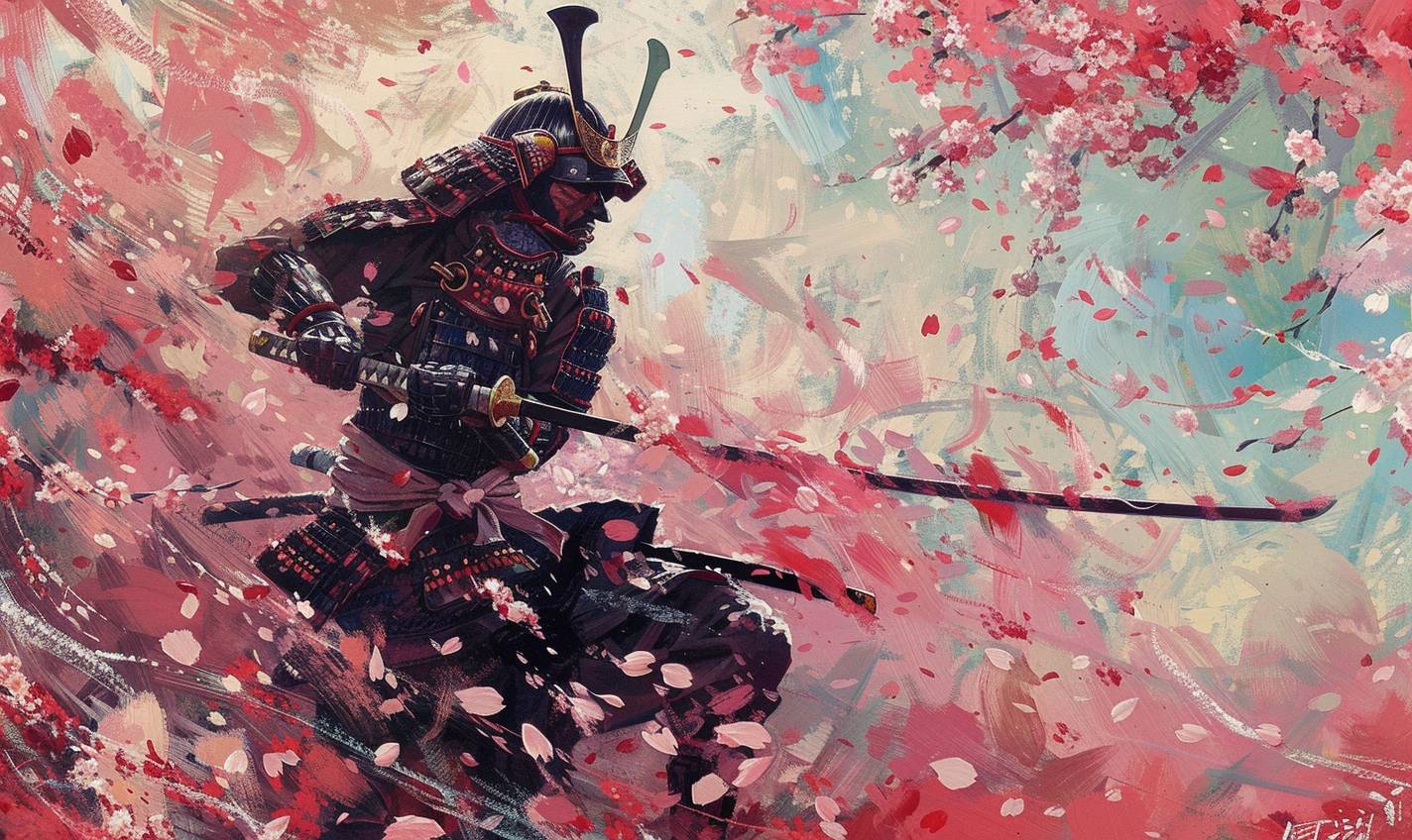In the style of Krenz Cushart, a samurai warrior in a cherry blossom garden --ar 5:3  --v 6.0