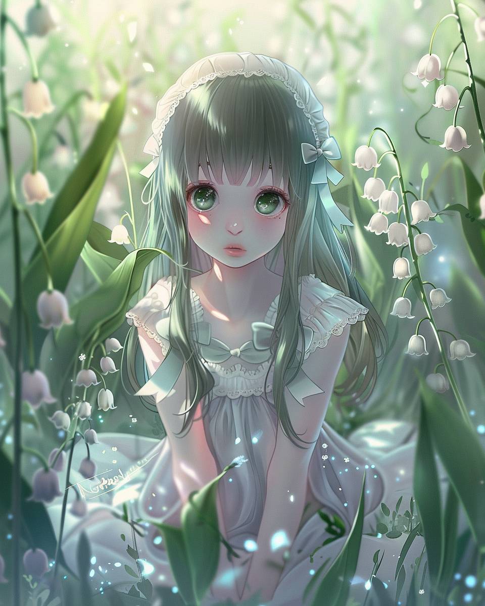 The painting is between anime and realism, featuring a cute anime girl with big eyes, glossy light pink plump lips, in a hand drawing style. She is wearing a white dress with a blue ribbon on her head, sitting in a lily of valley flower field surrounded by many blooming lily of the valley flowers. She has long hair with a slightly glowing pinkish green color. Presented in an anime style with pastel colors, soft lighting, and a dreamy atmosphere. The artwork is in high resolution, detailed illustration, line art, full body portrait, captured with a wide angle lens in natural light with soft focus.