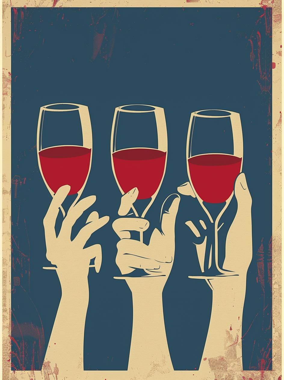 A simple, colorful vintage poster with words formed by stylized wine glasses and hands holding glasses filled with red liquid. The background is a deep blue, creating a contrast with the light beige outlines on the paper. This design evokes nostalgia for mid-20th century retro travel posters, but infuses it with a contemporary style. It's playful yet sophisticated.