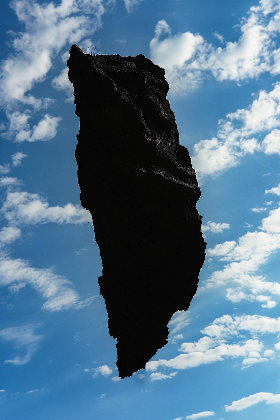 Floating above the bright blue cloudy sky, there is a black old sharp torn black flat silhouette stone with uneven edges
