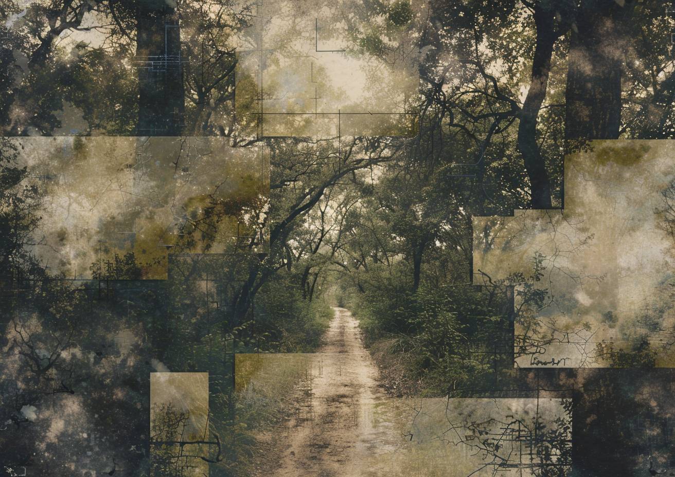 abstract layered silkscreen print, a lonely trail winds through an oak forest, diffuse sunshine, dark and misty from the rain, fragmented and distorted rectangles, large letters stencil overlay, low contrast palette, rough texture, flat image