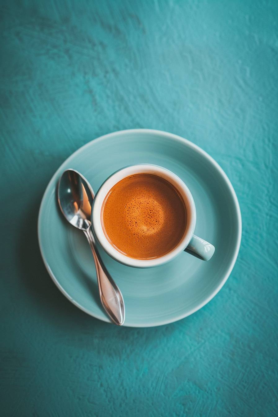 Espresso cup with spoon in saucer, Wes Anderson style, hyper realistic photo, camera flash, minimal, kitsch, birds eye view, overhead perspective photo, eye level, 4K