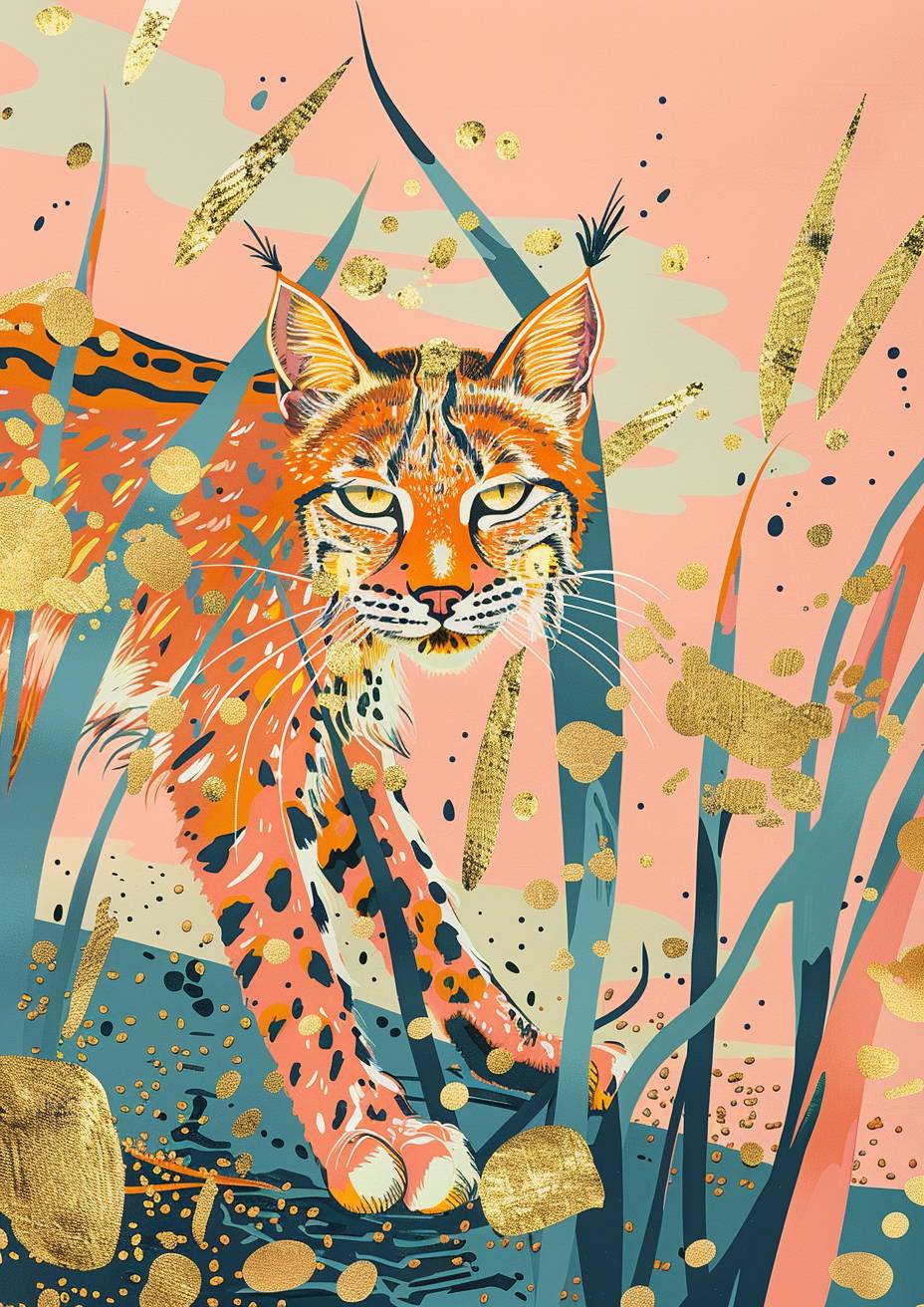 A minimal and whimsical illustration with a bold pastel color scheme; using marker art in the style of Matisse; inspired by I fall for you and aboriginal art; focusing on a lynx; the mood is playful and surrealistic. There is gold leaf all over the artwork.