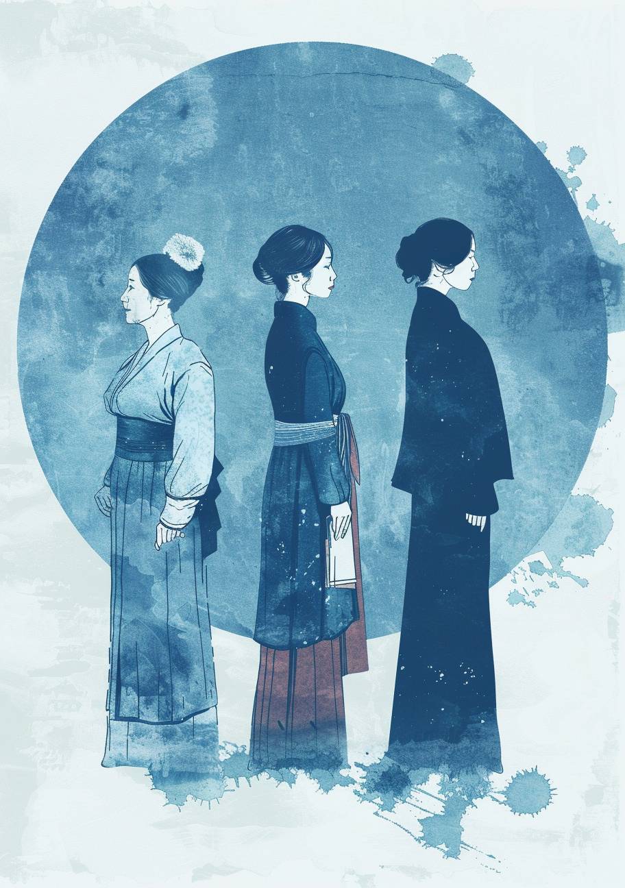 A hand-drawn ink portrait of a Chinese writer, featuring three Chinese women from different time periods standing side by side in different clothing styles. One ancient Chinese woman in ancient traditional attire, one woman from the 1920s in a cheongsam, and one woman from the 2020s in a modern black suit. The background is an elegant sky blue color, with clean lines reminiscent of Wu Guanzhong and Zhang Daqian styles, high resolution, on a white paper background, in ink painting, in a Chinese traditional art style.