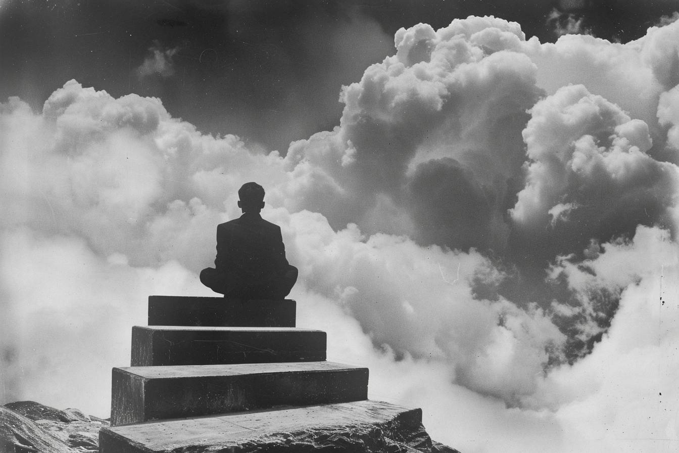 Imagination by Gilbert Garcin includes a man sitting cross-legged on the seventh step of a cloud staircase