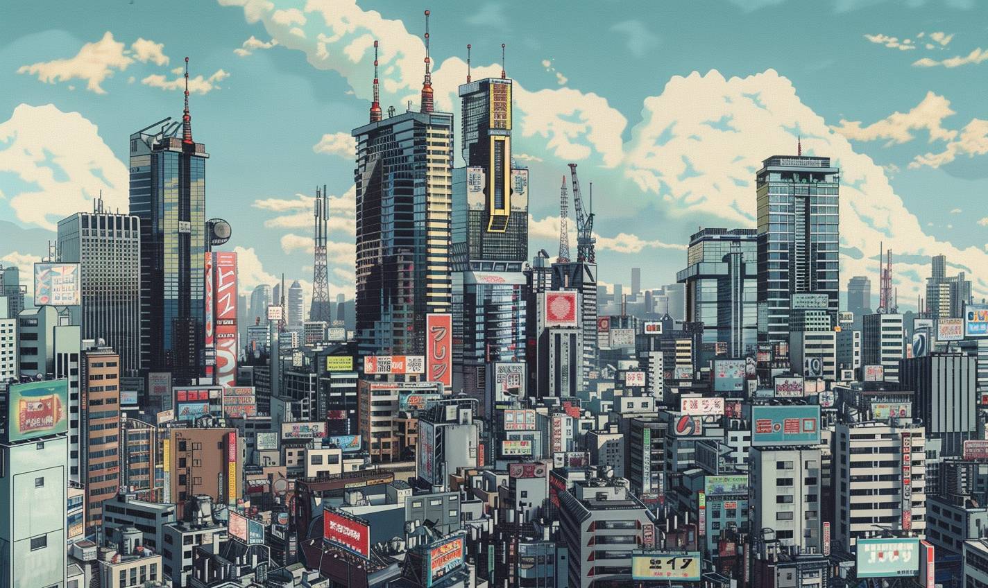 In the style of Ohara Koson, a cybernetic cityscape teeming with artificial life