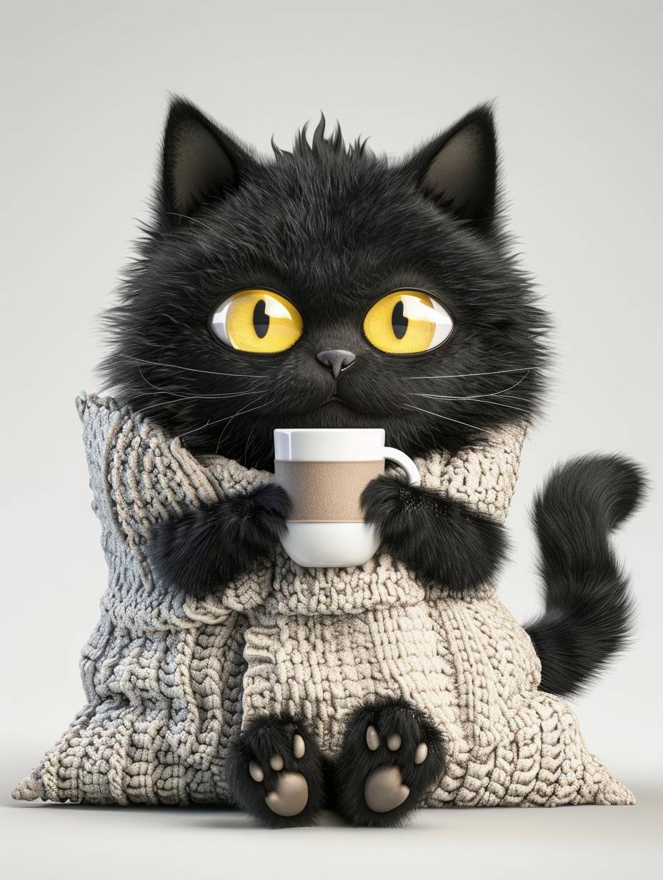 かわいい黒猫がクッションに背中をもたれてコーヒーを飲む、カートゥーンキャラクターデザインと高解像度3Dレンダリング、愛らしい表情、コーヒーカップを持つ白い足、黄色い目、ふわふわ、黒い尾