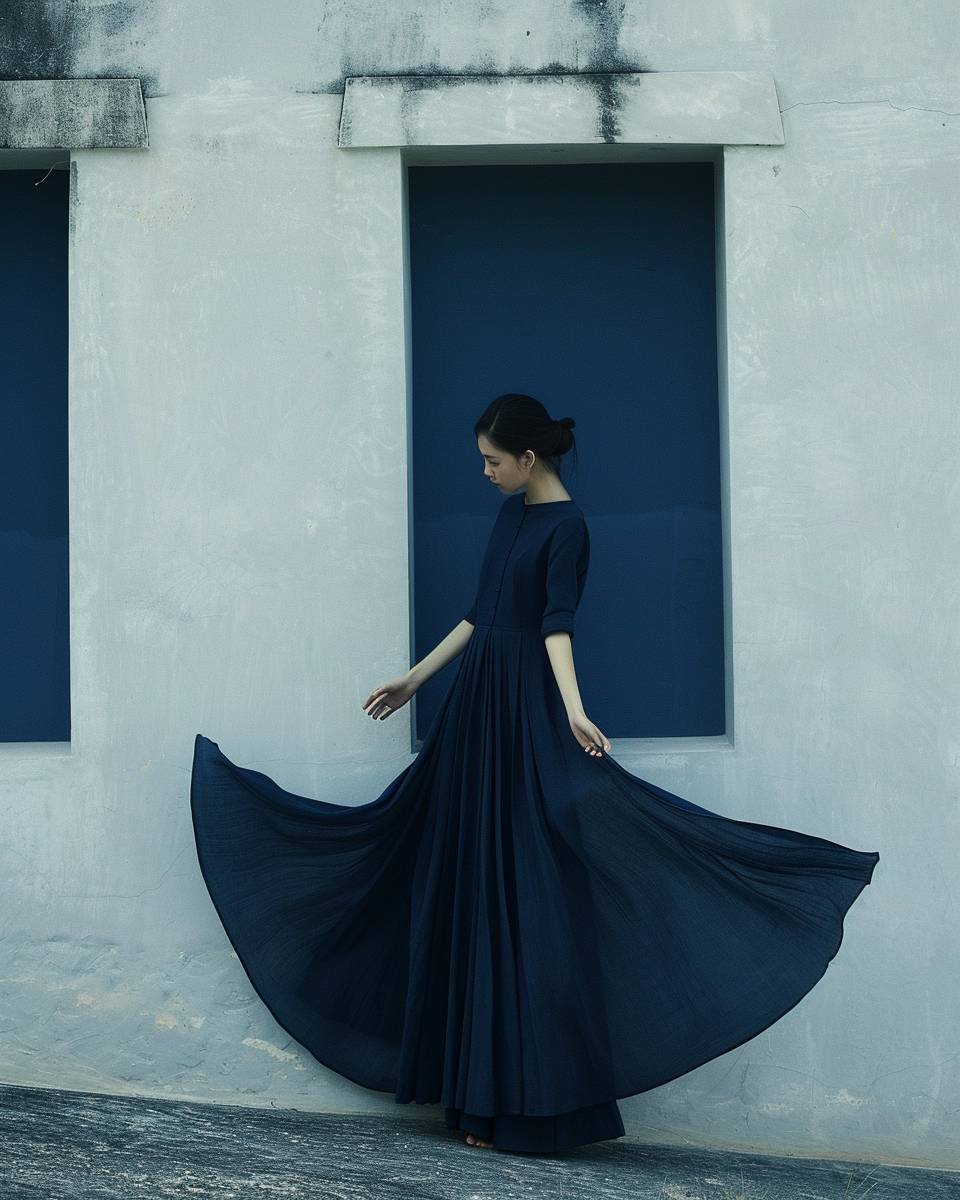 A girl in a dark blue shirt holds the ends of her wide skirt in her hand, making it create a semicircle. The skirt is dark blue. The girl stands against a white wall between two large dark blue windows raised above street level. Photographic style Wes Anderson fashion and glamour.