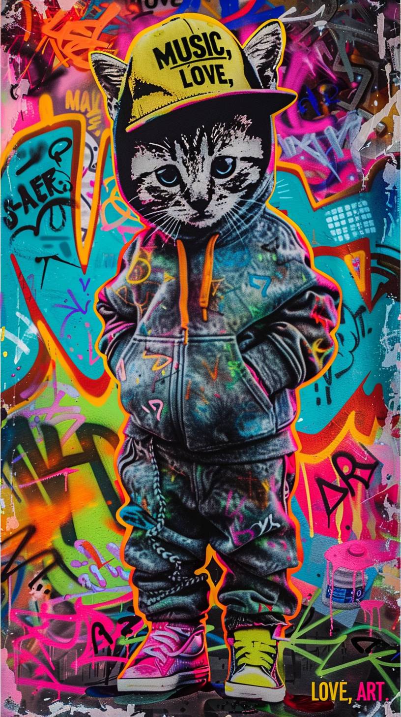 A vibrant pop art piece featuring a baby cat in hip-hop clothing, standing confidently in the foreground. The baby cat is wearing a backward cap, a hoodie, and sneakers. The background is filled with colorful graffiti, spray paint cans, and dynamic text elements like 'MUSIC,' 'LOVE,' and 'ART.' The style is energetic and playful, with a mix of neon colors and bold patterns, similar to street art.