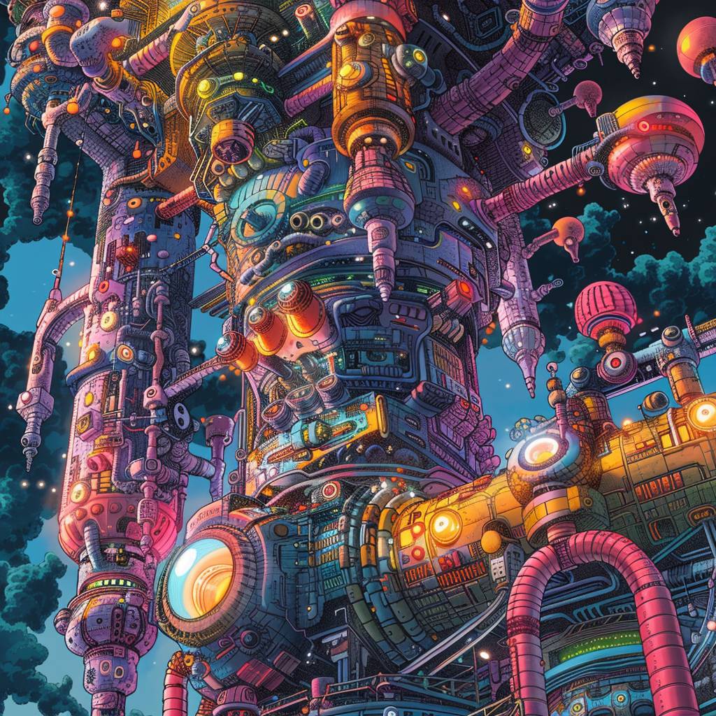 In the style of futuristic contraptions, detailed colorful comic, light black and [COLOR], detailed comic book art, luminescent color scheme, detailed illustration, nature, surreal