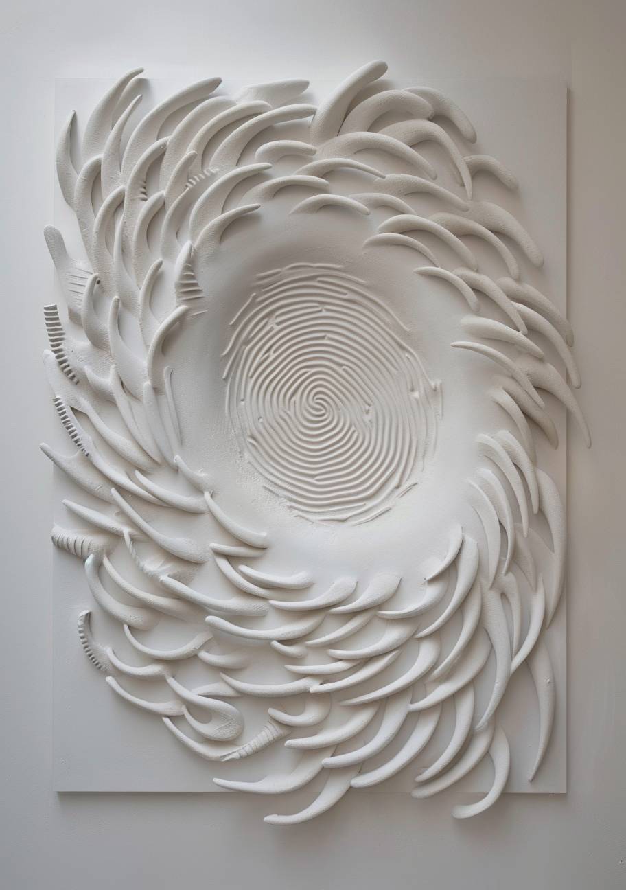 This is a large white wall sculpture made of plaster with an oval shape, filled in the center and shaped like one human fingerprint, surrounded by a series of small spiral shapes that resemble fingers. The entire piece is presented on a clean background, creating a minimalist yet striking visual effect. This artwork has been designed to convey depth through its three-dimensional form, while also adding intricate details for decorative purposes. The sculpture is in the style of minimalism.