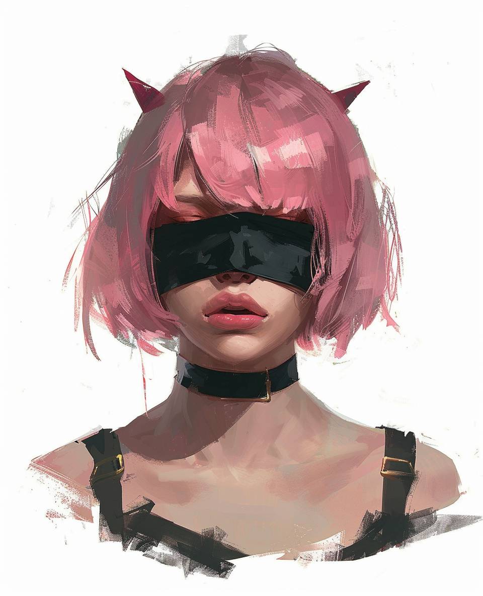 Concept art of a character, a portrait from the waist up of a young woman with pink hair in a bob cut and a black blindfold covering her eyes, she has small horns, isolated on a white background, in the style of a digital painting illustration with soft shadows, clean sharp focus, and soft natural lighting