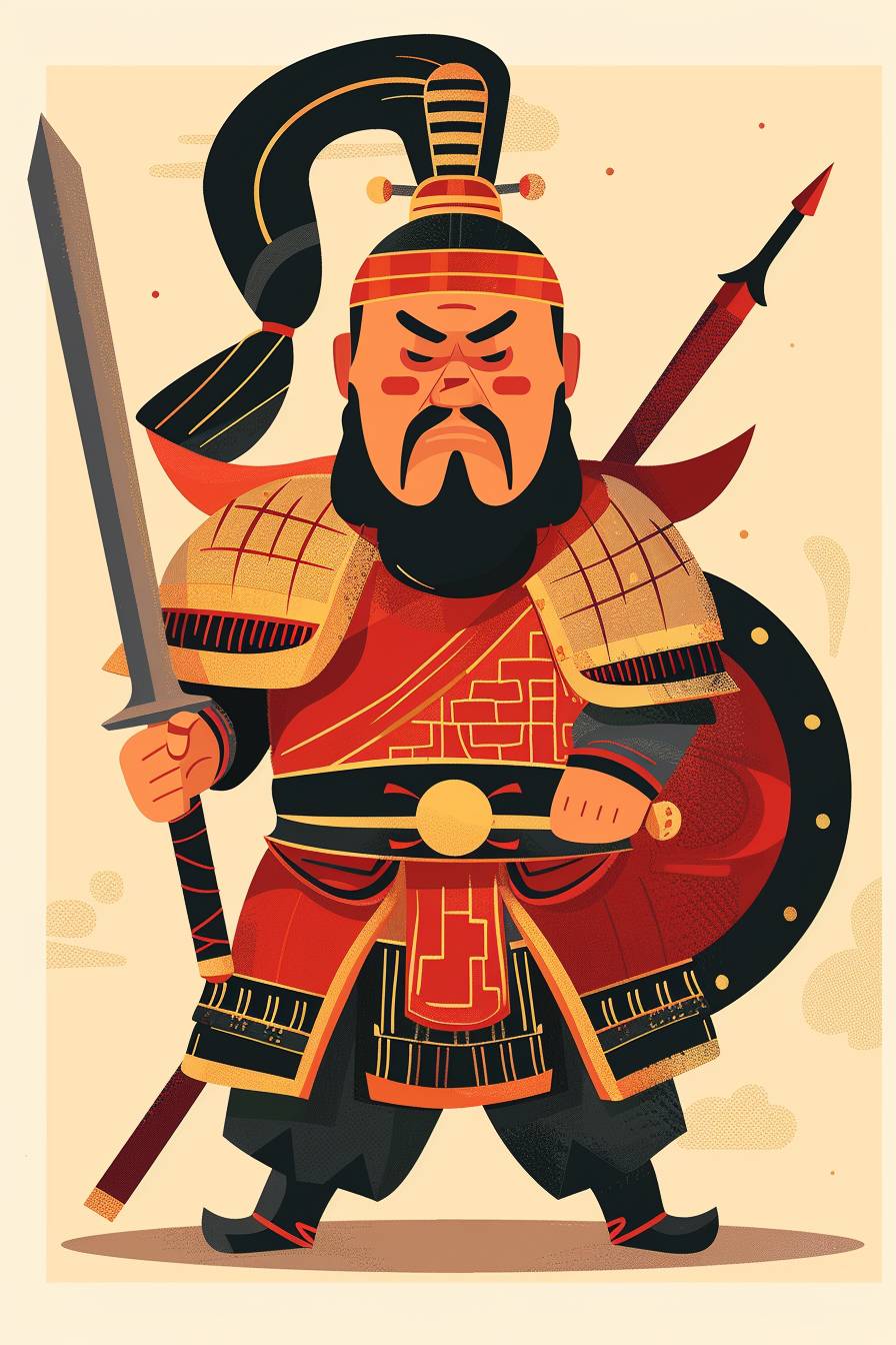 In the style of Qi Baishi, warrior character, full body, flat color illustration