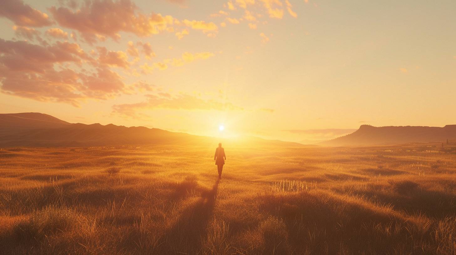 A stylized cinematic sunrise over a vast, open plain with rolling hills in the distance. The sun is rising slowly, casting a soft, golden light over the landscape. A lone figure is silhouetted against the sky, walking towards the rising sun. The scene is filled with a sense of hope and renewal, with a touch of magic in the air. The camera slowly sweeps across the landscape, capturing the beauty of the sunrise. The soundtrack is epic and inspiring, with a touch of hope and wonder.