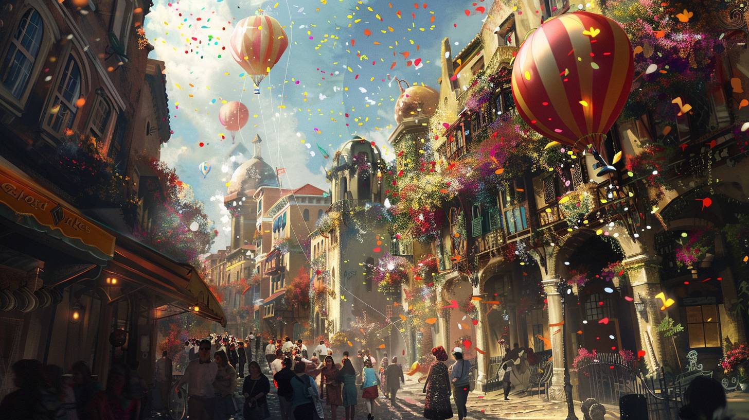 A whimsical cityscape where giant balloons release colorful confetti and melodious chimes each morning. People in vibrant clothes enjoy the streets, surrounded by blooming flowers and buildings painted with luminous, shifting hues responding to sunlight --style raw --ar 16:9 --v 6.0