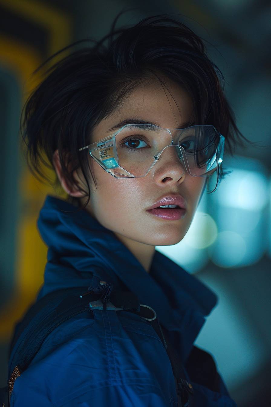 Sonoya Mizuno with short hair as a dystopian volunteer officer wearing clean blue workers clothes and transparent glasses looking confidently over her right shoulder --ar 2:3 --stylize 250  --v 6.0