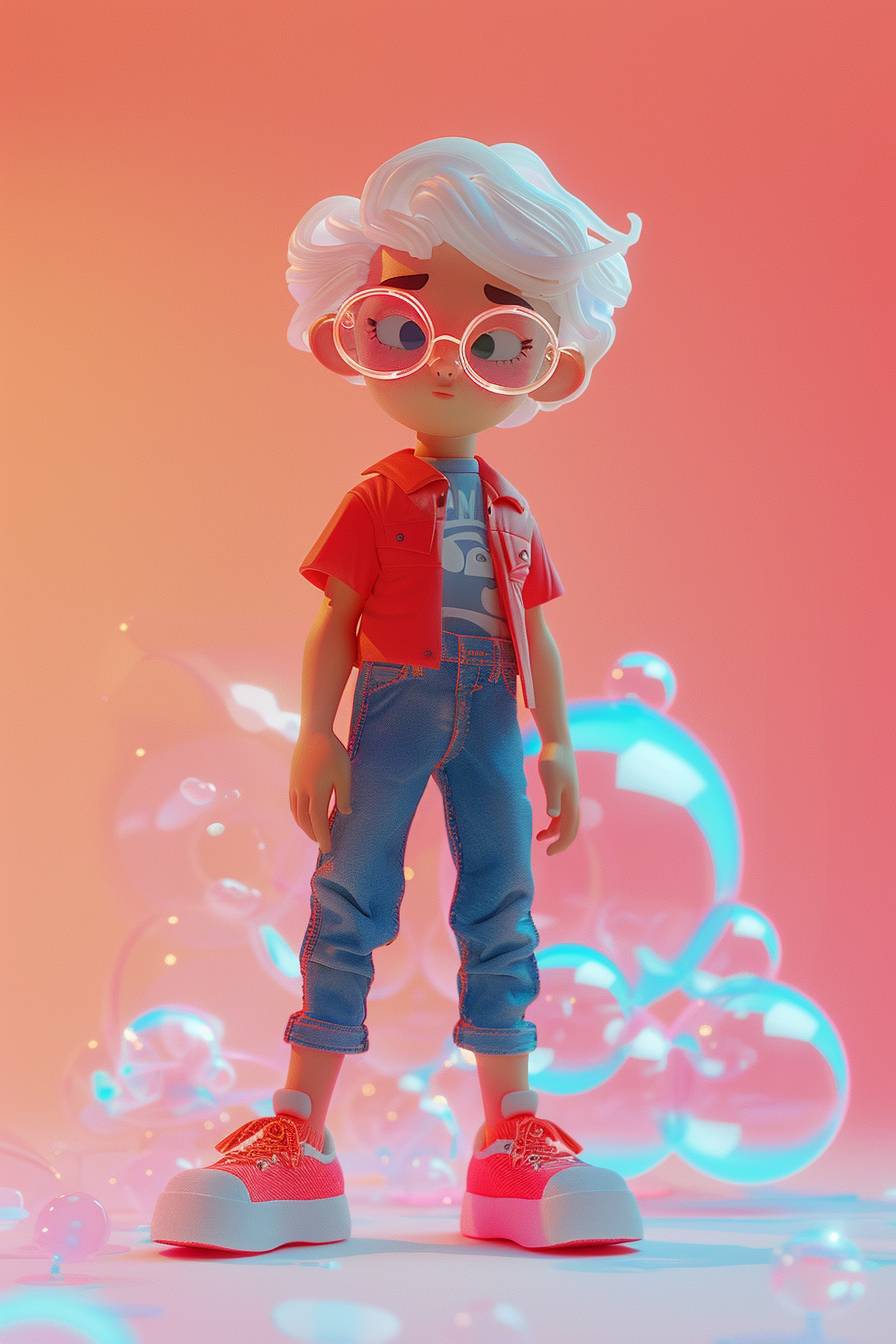 3D rendering, C4d, 12 years old, Bubble Matt style, white short hair, wearing red shoes and blue pants, upright, simple background color, light gradient background, blind box toy design, colorful, soft lighting effect, pink
