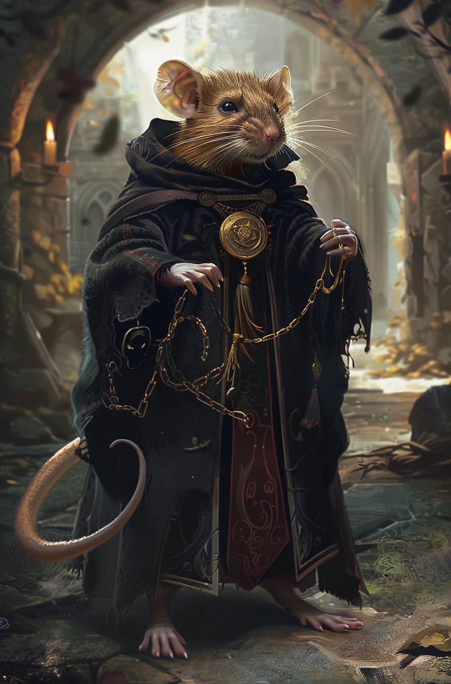 Anthropomorphic rat wearing black robe, full body shot, fantasy art style