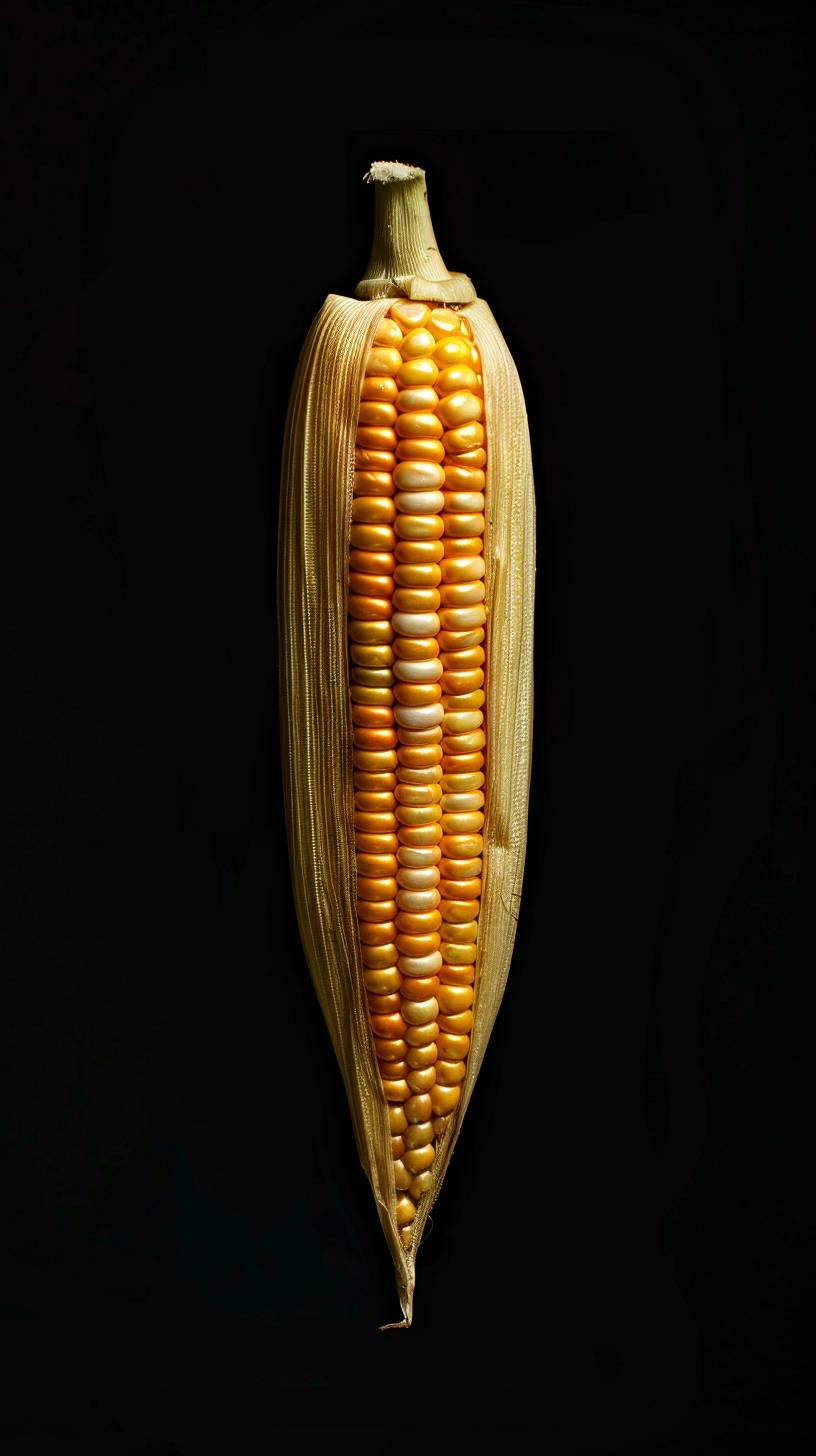 Golden corn, tender and juicy, National Geographic photo, bright colors, Zhao Wuji style, simple composition, minimalist art photos, high contrast color film tones --ar 9:16 --style raw --stylize 50  --v 6.0