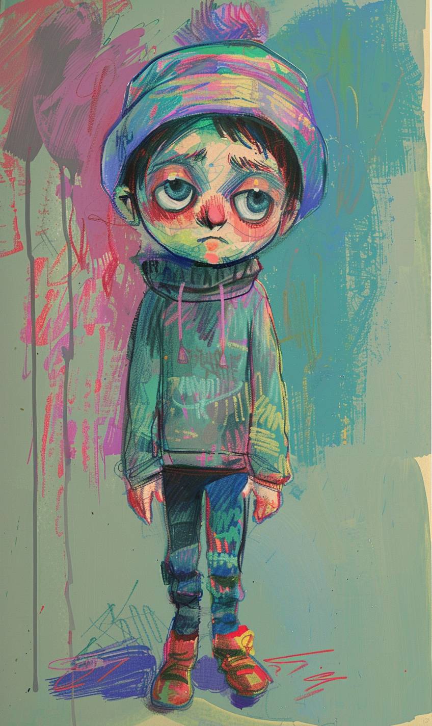 A drawing of a child, in the style of pastel markers, quirky character design, pastel oil, subtle tones, cutecore, blue