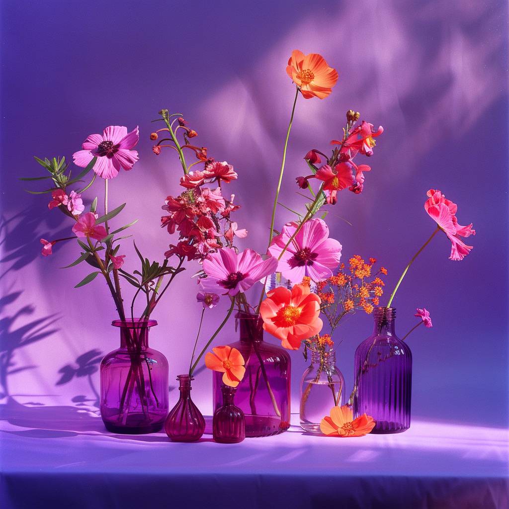 Conceptual still life photography, detailed, vivid pink and orange flowers in bottles, purple plain background, presented in a grainy filter style with sharp contrast reminiscent of the 80s