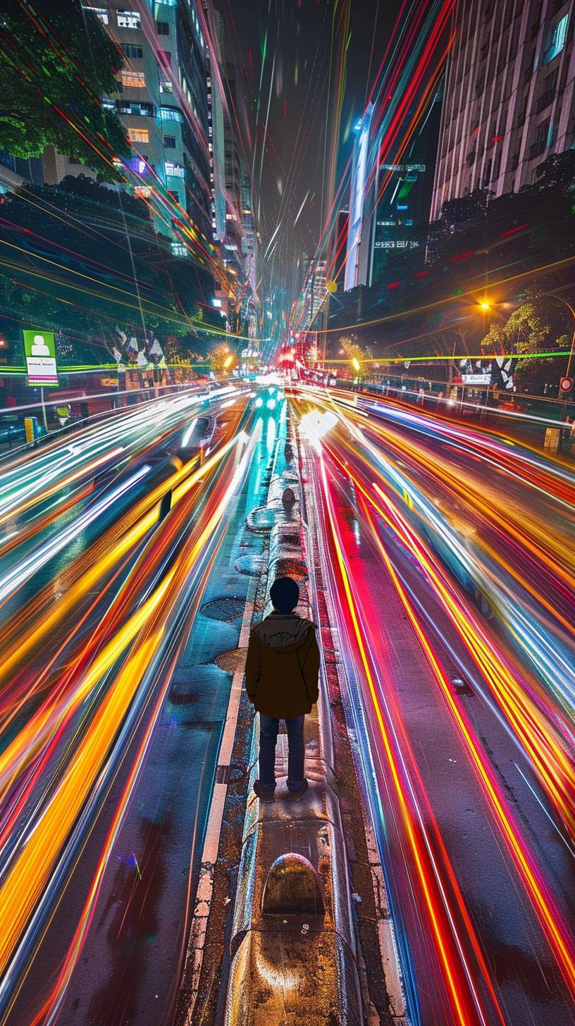 ブラジルのサンパウロ市の夜、歩道に立って車の光跡を見つめている人のハイパーリアリスティックなPOVイメージ。車両のスピードと動きに焦点を当て、鮮やかな光の流れがダイナミックでエネルギッシュな雰囲気を演出している。