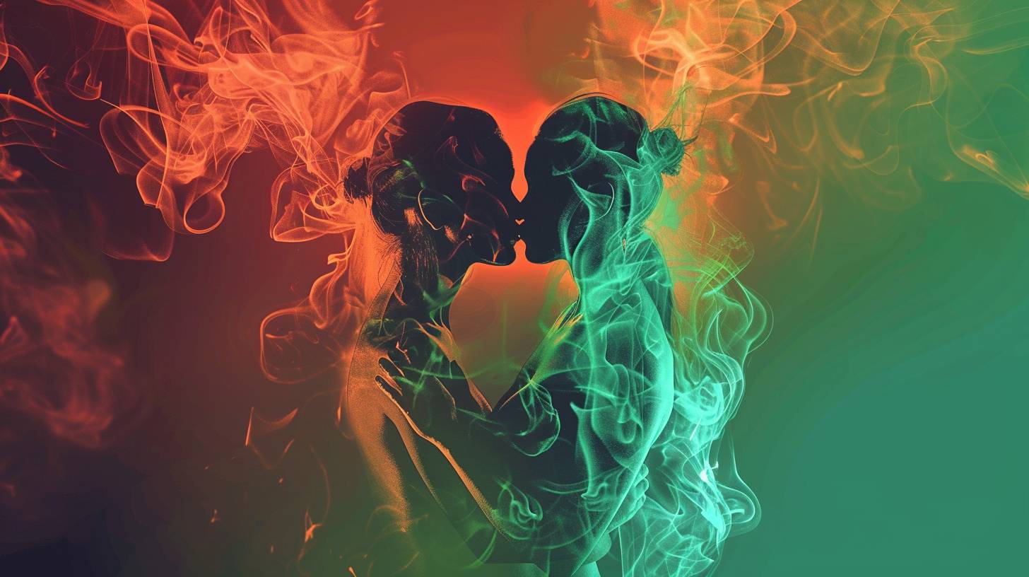 Smoke made of red, orange and green colors forming two embracing people in a colorful, digital art style