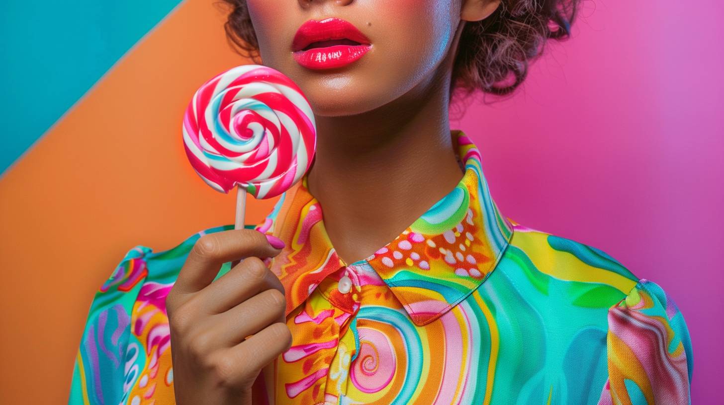 Photograph of a clothing created in HARIBO candy, worn by [type of person], focus on the key piece, studio lighting, plain and colorful background, colorful and fun style, fashion photography