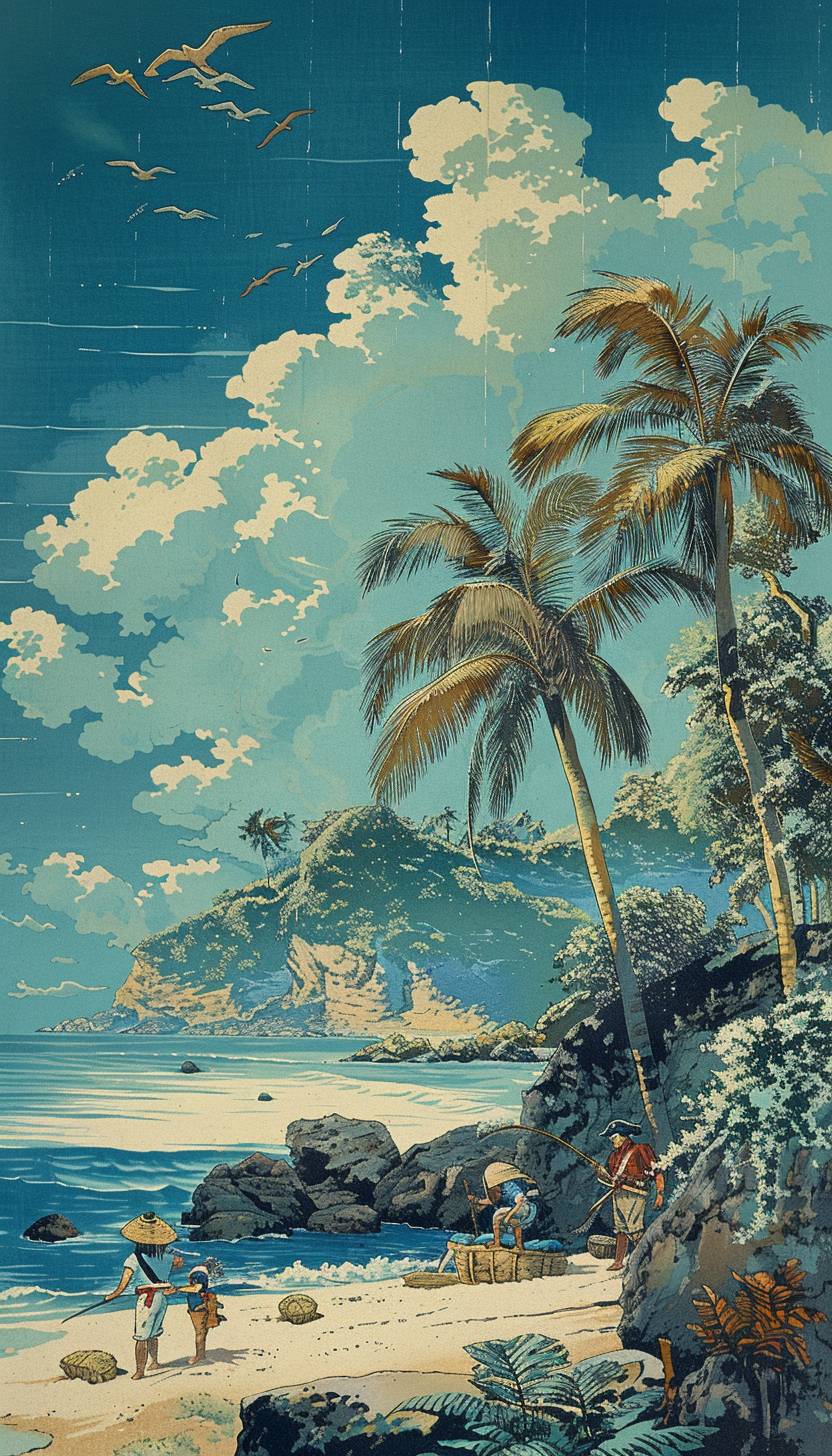 In the style of Kawase Hasui, a pirate crew is burying treasure on a deserted island