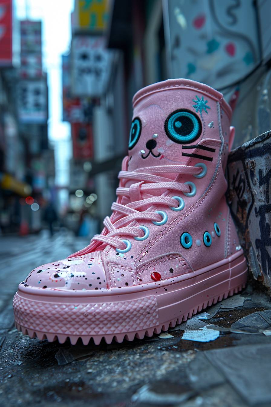 a cute baby pink walking shoe with a cute face, chibi face, manga face, turquoise eyes