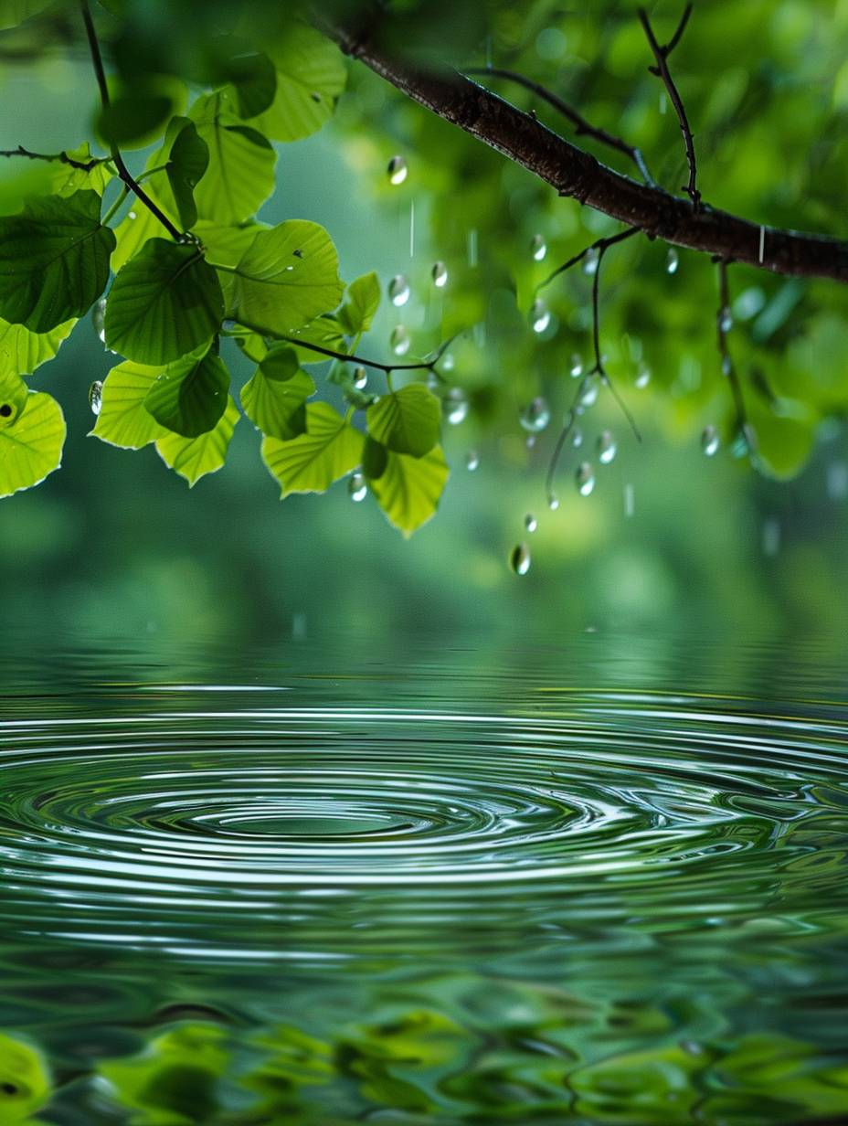 Raindrops creating ripples in the water, with green leaves visible on the surface, symbolizing nature's tranquility and harmony. The background is blurred to emphasize rain droplets and tree branches. This scene captures the beauty of springtime rain and its connection to natural elements.