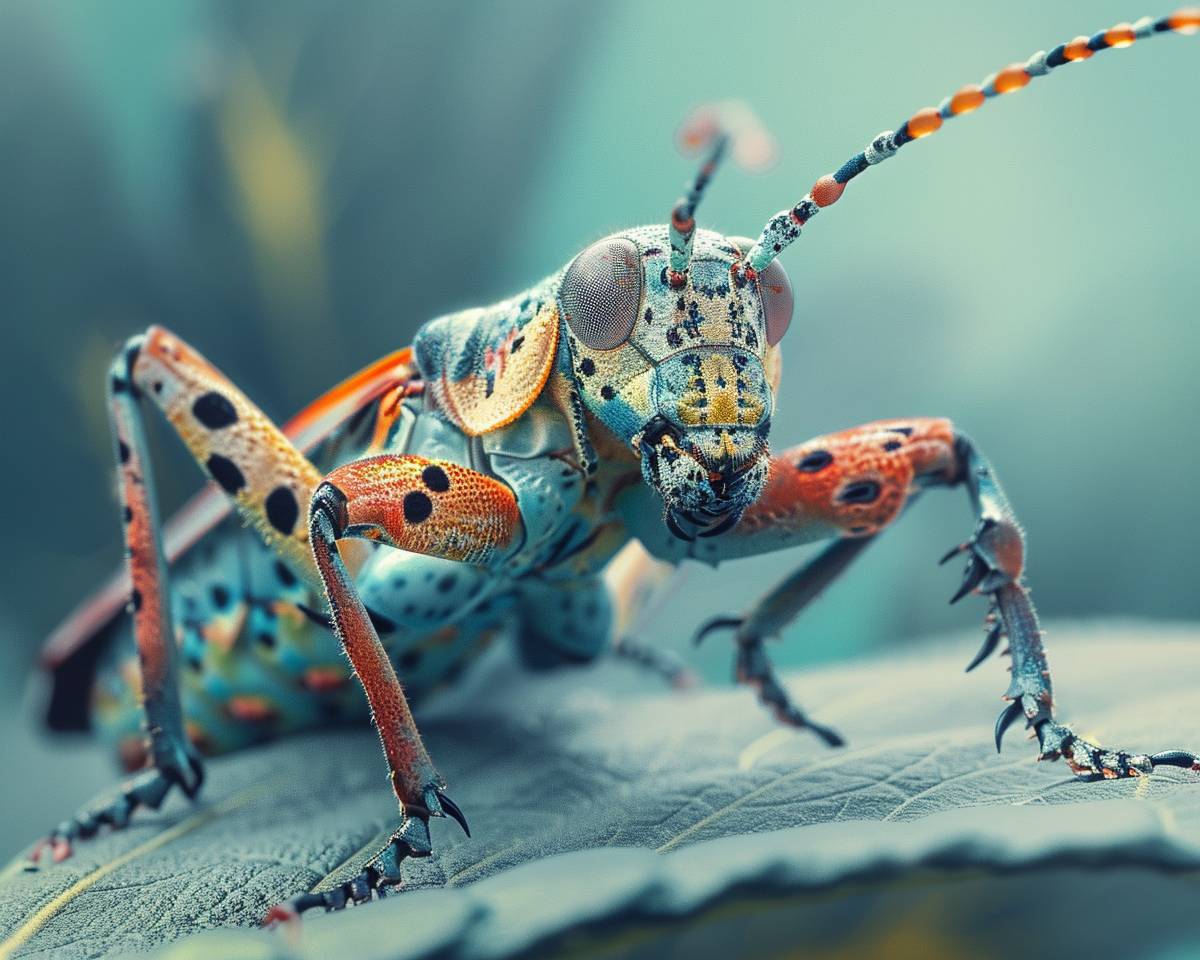 A beautiful [insect - environment], in a close-up shot, with [color1 and color2] in the background, in the style of hyperrealistic style, with high definition photography, with sharp details, with bright colors, digital art.