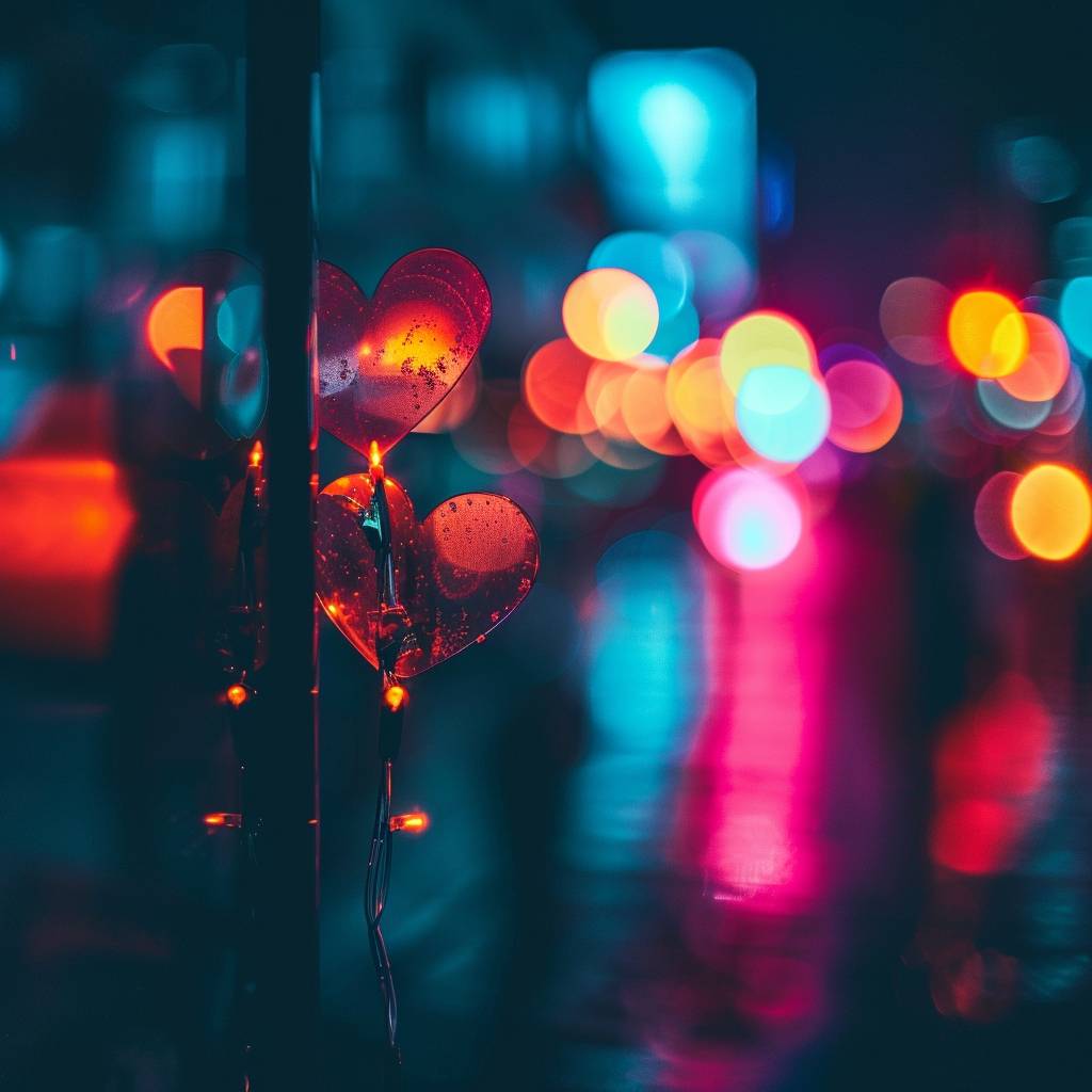 Against a dark background with a mysterious atmosphere and cool tones with high contrast, as if captured with a telephoto lens, in a night scene with light and shadow effects. Light shining through neon lights in the style of night street, night heart bokeh, light leak