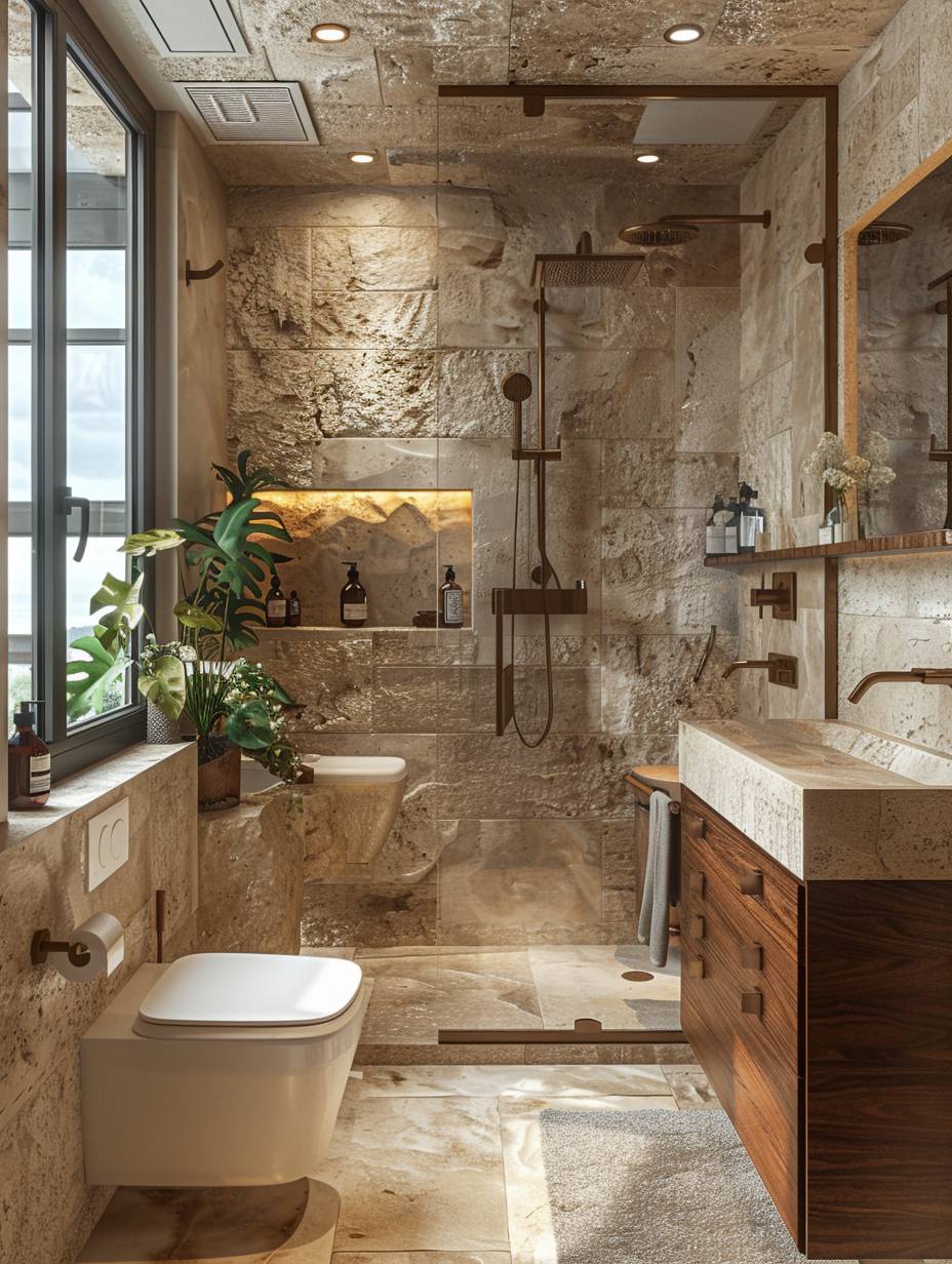 Ultra-small bathroom, minimalist Italian design style, natural stone textures, wet and dry separation, smart toilet, solid wood bathroom cabinet, cream stone color theme.