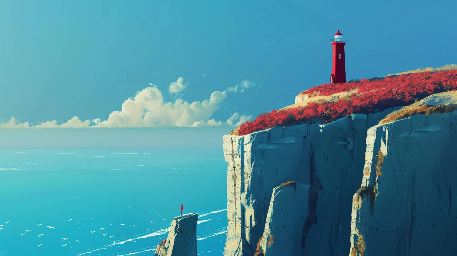 A solitary lighthouse on a cliff in 'Vibrant Void', juxtaposing vibrant beacon red with a sense of emptiness, using ocean blue and beacon red --style raw --aspect ratio 16:9 --version 6.0