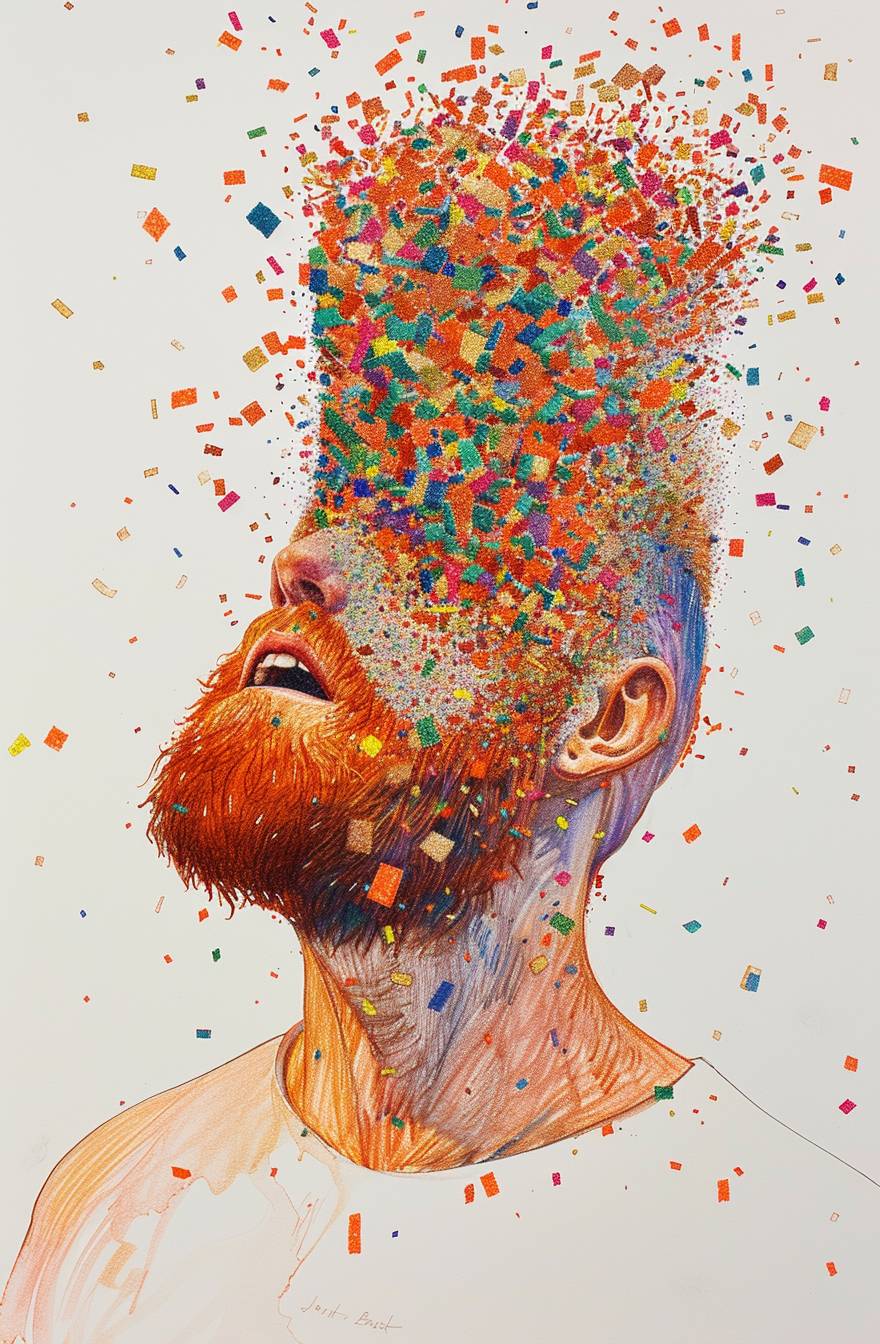 A drawing of the face and upper body of an orange-haired man with a beard, his head is made up entirely of colorful confetti, created by John Brack in pastel colors on a white background, simple, minimalist, whimsical