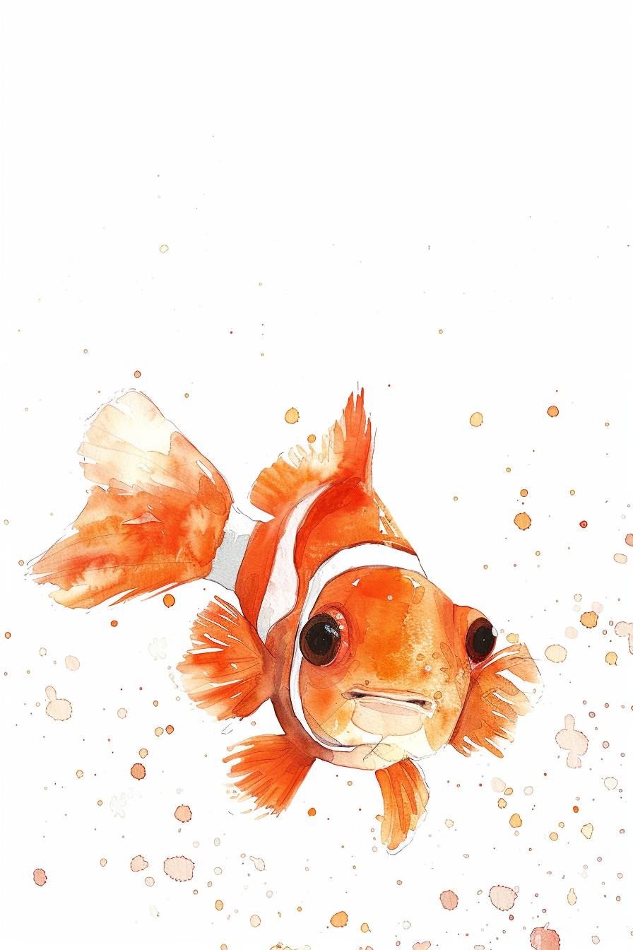 Minimalistic, simple watercolour nursery art, kids illustration, simple watercolor, cute Nemo fish, nursery decor, neutral nautical, cute eyes, white background
