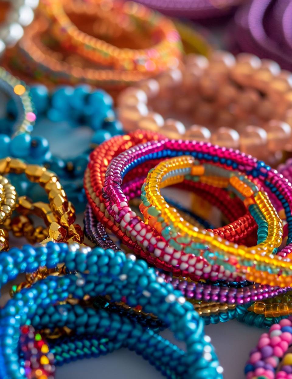 Studio photograph from above of a table with beaded crochet rope bracelets. Closeup. Shallow depth of field.
