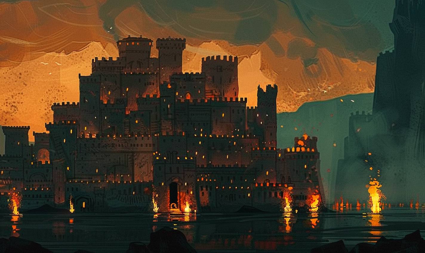 In the style of Jean Jullien, an ancient citadel lit by flickering torches