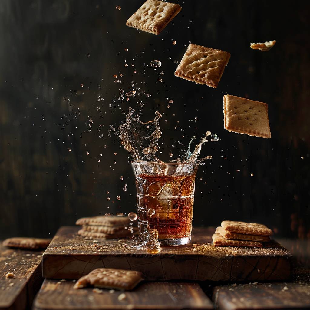 Advertisement photography, flying pieces of [subject], [drink] on a wooden table, studio lighting, food photography, [background], high quality, space for writing.