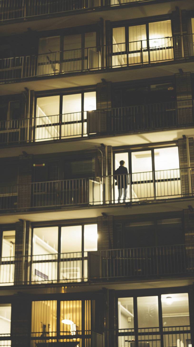 夜の時間、人がロンドンの公営住宅の最上階の窓辺に立っていた。