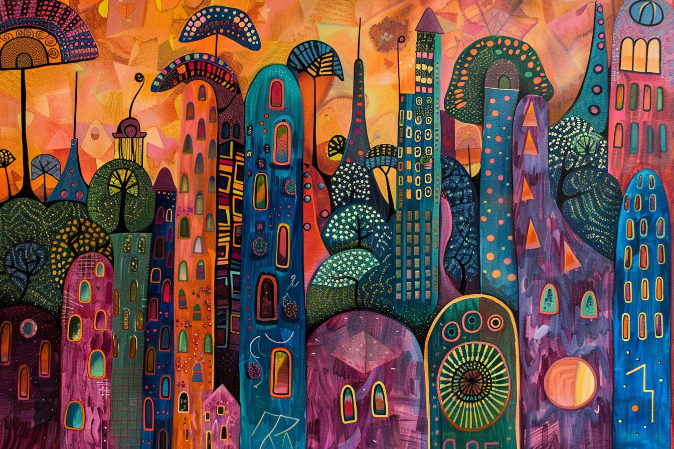 In the style of Laurel Burch, city landscape