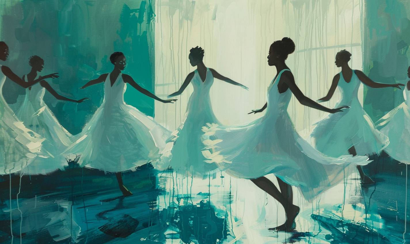 In style of Amy Sherald, Ethereal ballroom with phantom dancers