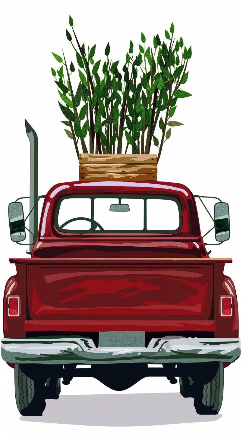 A pickup truck with a load of willow tree seedlings, vector image, white background
