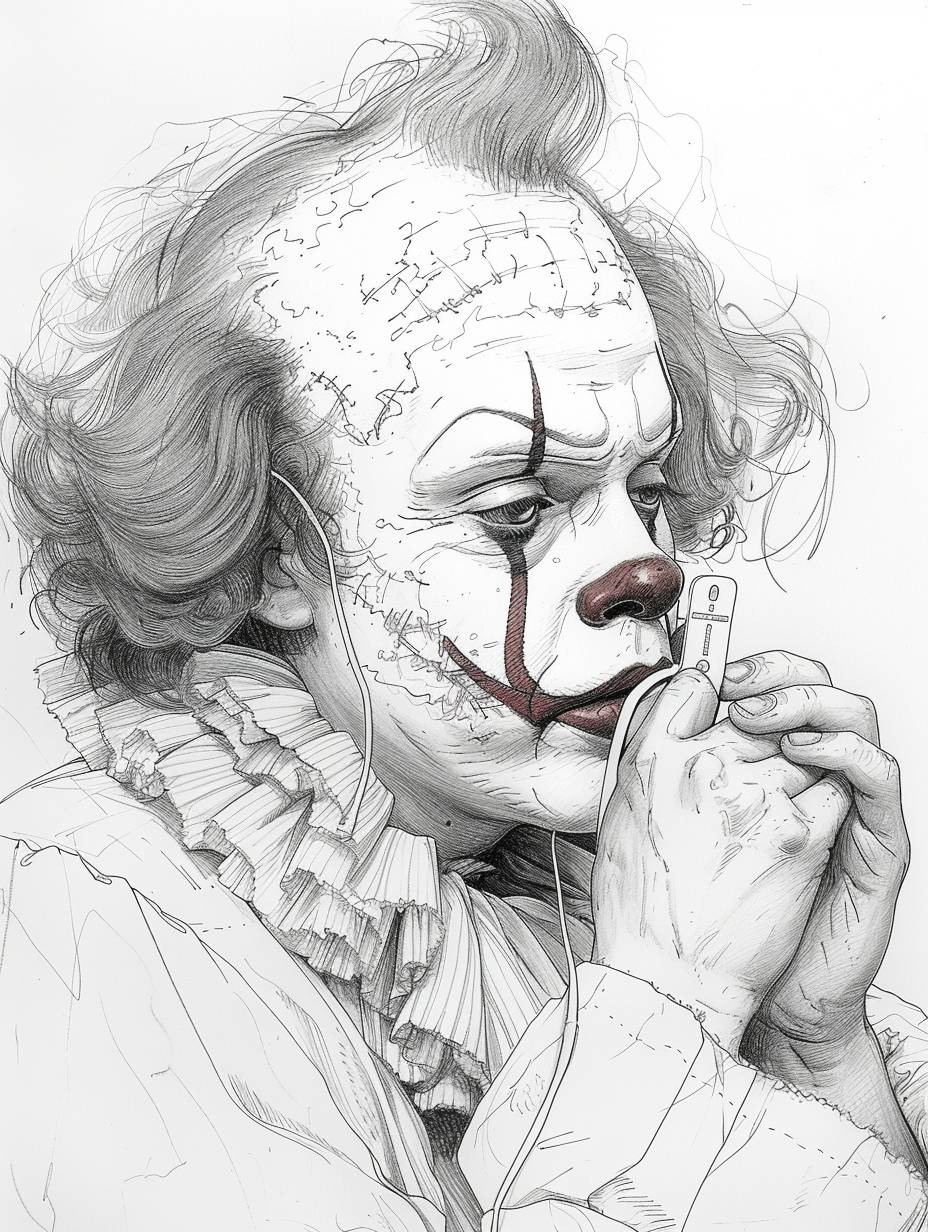 A mono weight line drawing, side profile of the clown from Pagliacci, similar to the same style as the Alfred Hitchcock silhouette