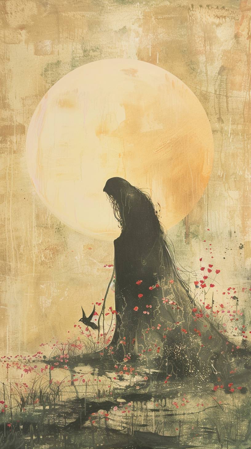 A minimalist painting of a serene yet formidable figure cloaked in black, holding a scythe. She stands in a barren landscape where the remnants of the old lie scattered, signifying the end of a cycle. In the distance, the first rays of a new dawn illuminate the horizon, symbolizing rebirth and renewal. A phoenix rises from the ashes, embodying the theme of transformation and the cyclical nature of life and death. Flowers bloom around the phoenix, representing new beginnings that emerge from endings.